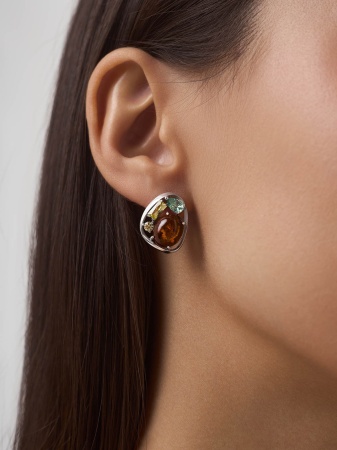 Серьги из серебра с ситаллами, янтарём и фианитами 2340861168-60 от KRASNOE, металл Серебро, вставка Янтарь