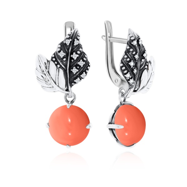 Серьги из серебра с кораллами и фианитами 2317282265 от KRASNOE, металл Серебро, вставка Коралл Синт.