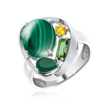Купить кольцо из серебра с агатом, малахитом и фианитами в интернет-магазине KRASNOE