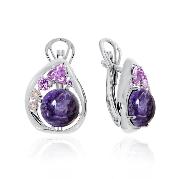 Серьги из серебра с чароитами, ситаллами и фианитами
