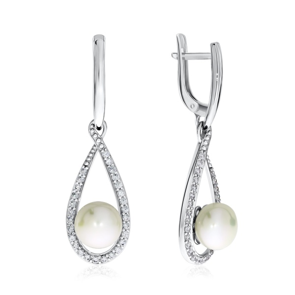 Серьги из серебра с жемчугами и фианитами 2340050804 от KRASNOE, металл Серебро, вставка Жемчуг