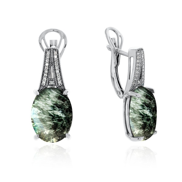 Серьги из серебра с серафинитами и фианитами 2340923537л от KRASNOE, металл Серебро, вставка Серафинит