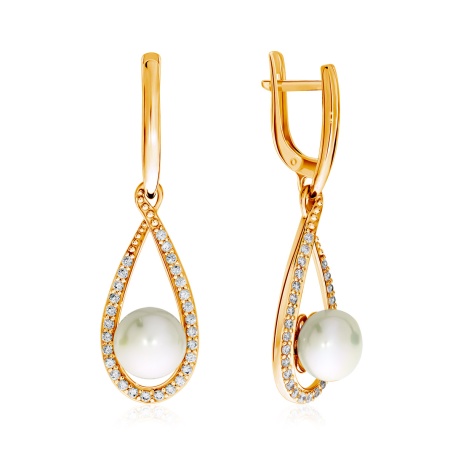 Серьги из серебра с жемчугами и фианитами 2320050804 от KRASNOE, металл Серебро, вставка Жемчуг