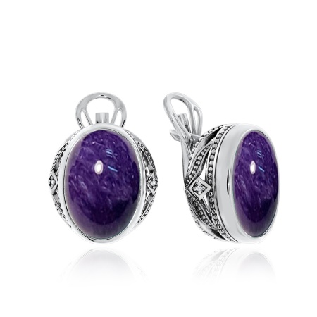 Серьги из серебра с чароитами и фианитами 2310460967 от KRASNOE, металл Серебро, вставка Чароит
