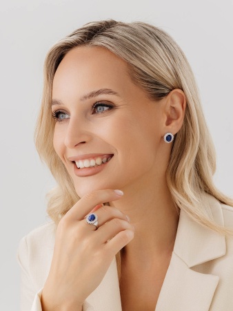 Серьги из серебра с сапфир звездчатыйами и фианитами 2340940145л-8 от KRASNOE, металл Серебро, вставка Сапфир Звездчатый