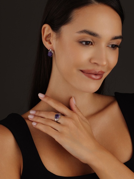 Серьги из серебра с чароитами и фианитами