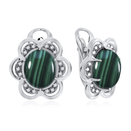 Серьги из серебра с малахитами и фианитами со скидкой