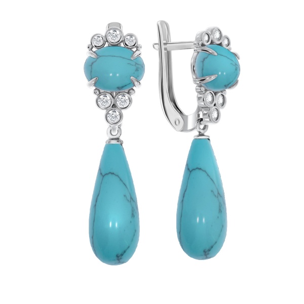 Серьги из серебра с бирюзой и фианитами 2340310972л от KRASNOE, металл Серебро, вставка Бирюза