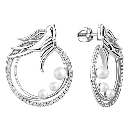 Пусеты из серебра с жемчугами и фианитами со скидкой