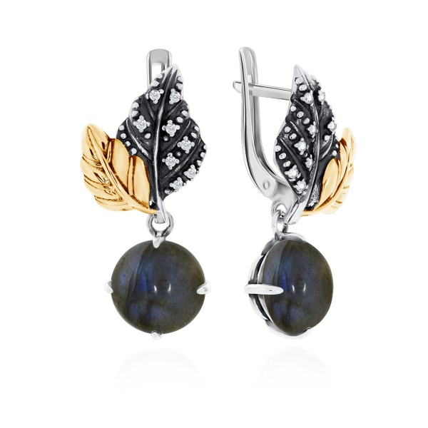 Серьги из серебра с лабрадоритами и фианитами 2317Л02265 от KRASNOE, металл Серебро, вставка Лабрадорит