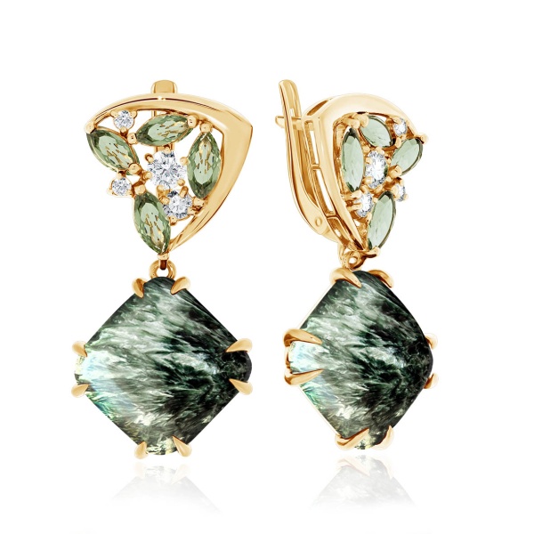 Серьги из серебра с серафинитами, ситаллами и фианитами 2320920974 от KRASNOE, металл Серебро, вставка Серафинит