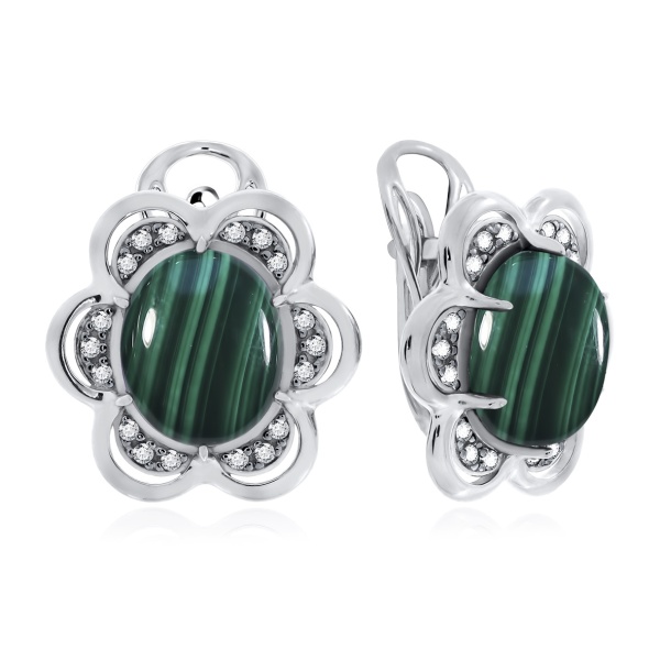 Серьги из серебра с малахитами и фианитами со скидкой