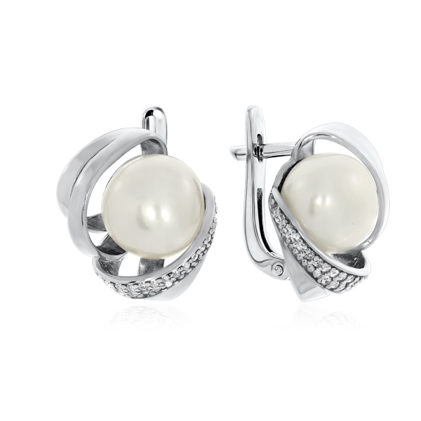 Серьги из серебра с жемчугами, жемчугами и фианитами 2310050861 от KRASNOE, металл Серебро, вставка Жемчуг