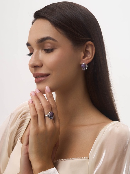 Серьги из серебра с ситаллами, чароитами и фианитами 2340461170-84 от KRASNOE, металл Серебро, вставка Чароит