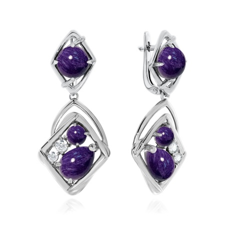 Серьги из серебра с фианитами и чароитами 2340460951 от KRASNOE, металл Серебро, вставка Чароит