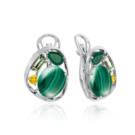 Серьги из серебра с агатами, малахитами и фианитами