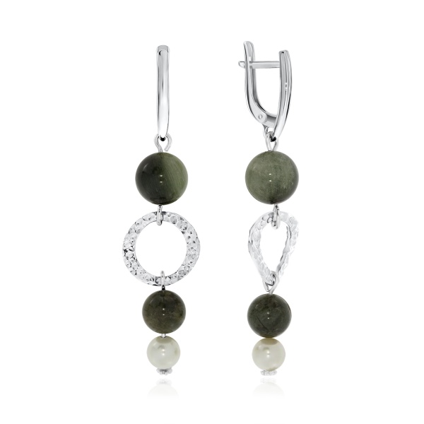 Серьги из серебра с жемчугами и кварцем 2340871228-58 от KRASNOE, металл Серебро, вставка Кварц волосатик