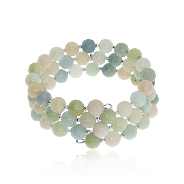 Купить браслет из серебра с проволока (с памятью)ом, бериллами,  морганитами и  аквамаринами