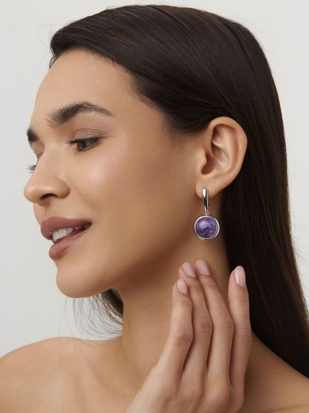 Серьги из серебра с чароитами 2340460396 от KRASNOE, металл Серебро, вставка Чароит
