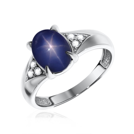 Купить кольцо из серебра с сапфир звездчатыйом и фианитами в интернет-магазине KRASNOE