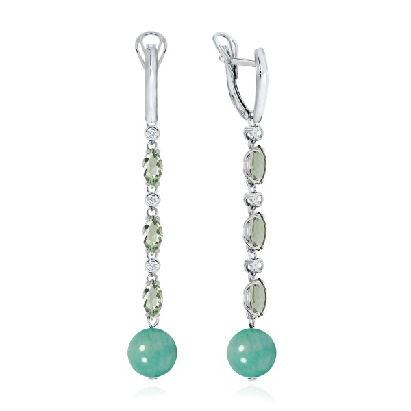 Серьги из серебра с амазонитами, кварцем и фианитами 2340371204л-2-68 от KRASNOE, металл Серебро, вставка Амазонит