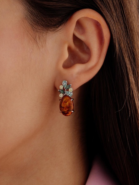 Серьги из серебра с янтарём и фианитами