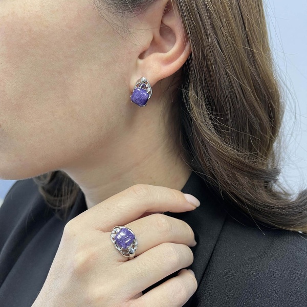 Серьги из серебра с чароитами и фианитами 2340460984 от KRASNOE, металл Серебро, вставка Чароит