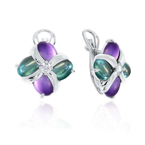 Серьги из серебра с фианитами, ситаллами и наноаметистами 2340882908-3 от KRASNOE, металл Серебро, вставка Ситалл