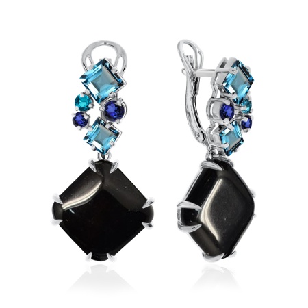 Серьги из серебра с агатами, ситаллами и фианитами