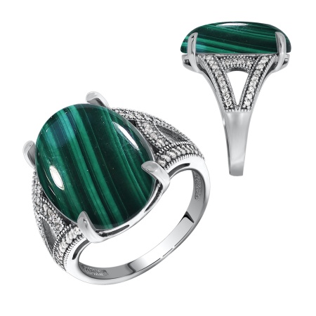Купить кольцо из серебра с малахитом и фианитами в интернет-магазине KRASNOE