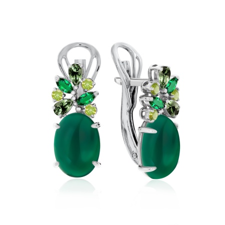 Серьги из серебра с агатами, наноизумрудами, фианитами и кварцем