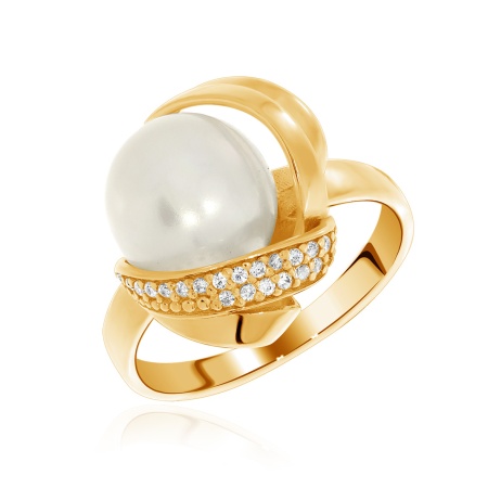 Кольцо из серебра с жемчугом и фианитами со скидкой