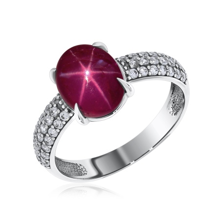 Кольцо из серебра с рубином звездчатым и фианитами со скидкой