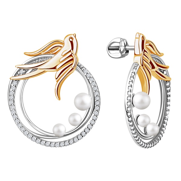 Пусеты из серебра с жемчугами и фианитами со скидкой