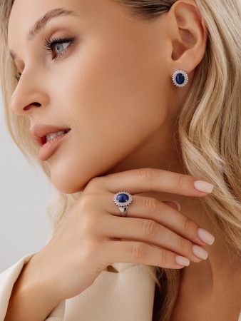 Серьги из серебра с сапфир звездчатыйами и фианитами 2340940145л-8 от KRASNOE, металл Серебро, вставка Сапфир Звездчатый