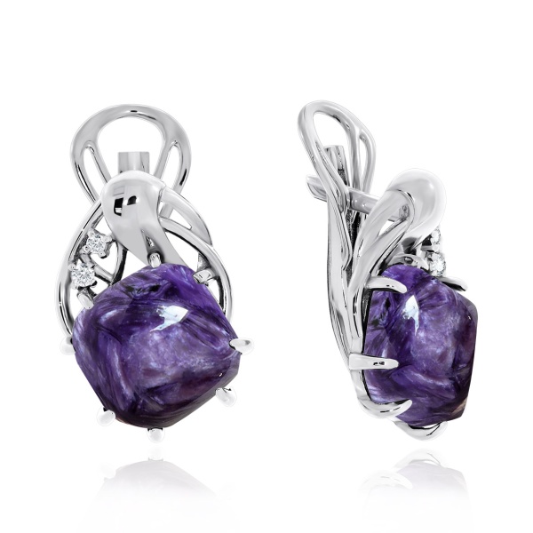 Серьги из серебра с чароитами и фианитами