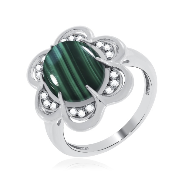 Кольцо из серебра с малахитом и фианитами со скидкой
