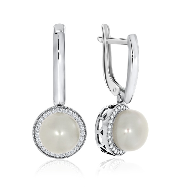 Серьги из серебра с жемчугами и фианитами 2340050806л от KRASNOE, металл Серебро, вставка Жемчуг