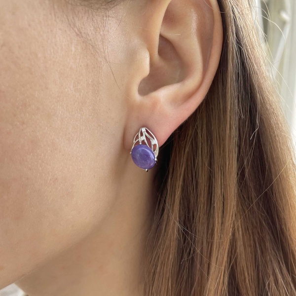 Серьги из серебра с чароитами и фианитами 2340460985 от KRASNOE, металл Серебро, вставка Чароит