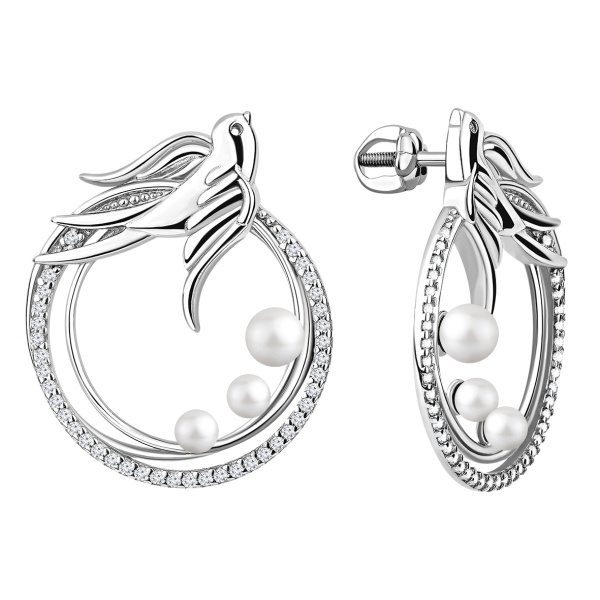 Пусеты из серебра с жемчугами и фианитами со скидкой