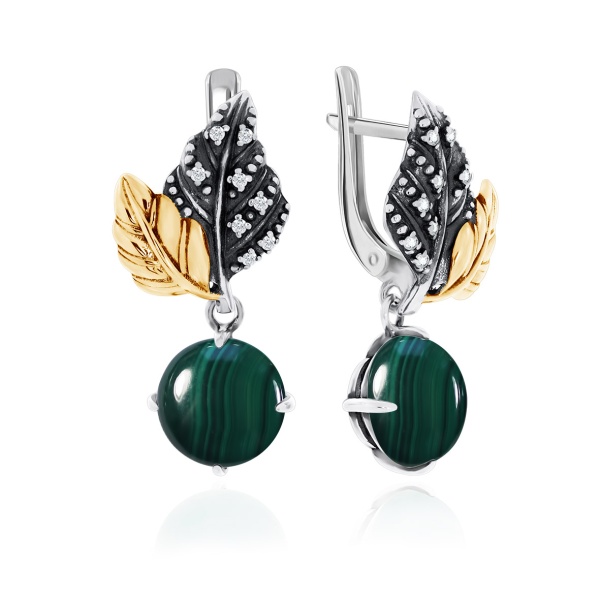 Серьги из серебра с малахитами и фианитами 2317382265 от KRASNOE, металл Серебро, вставка Малахит