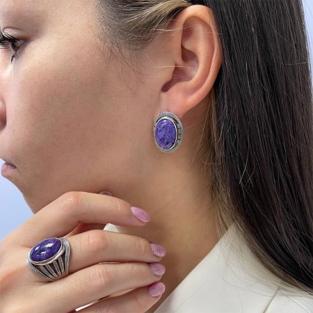 Серьги из серебра с чароитами 2310460981 от KRASNOE, металл Серебро, вставка Чароит