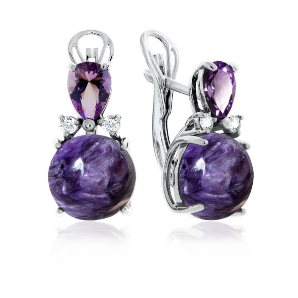 Серьги из серебра с чароитами и фианитами 2340460935-92 от KRASNOE, металл Серебро, вставка Чароит