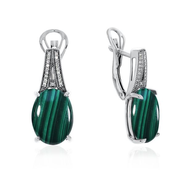 Серьги из серебра с малахитами и фианитами 2340383537л от KRASNOE, металл Серебро, вставка Малахит