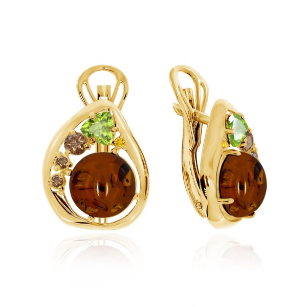 Серьги из серебра с нанохризолитами, янтарём и фианитами 2320861173-43 от KRASNOE, металл Серебро, вставка Янтарь