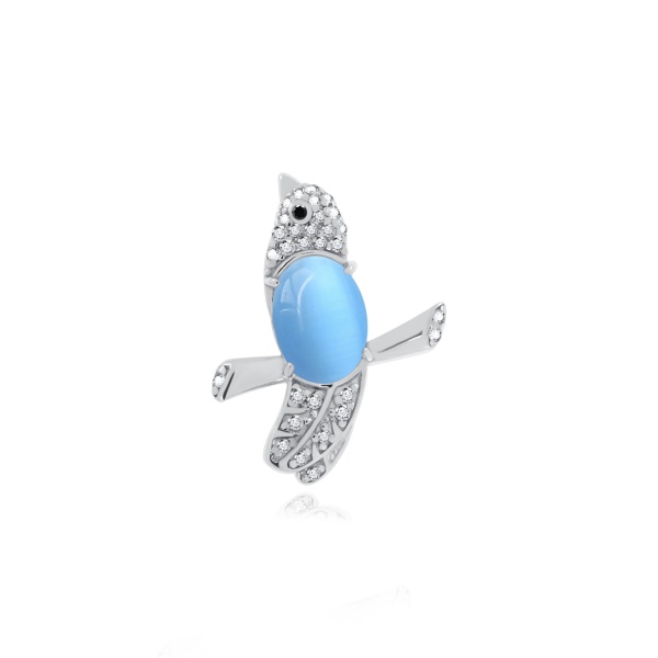 Брошь из серебра с ситаллом, кошачий глазом и фианитами