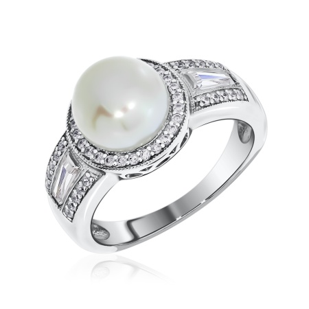 Кольцо из серебра с жемчугом и фианитами со скидкой