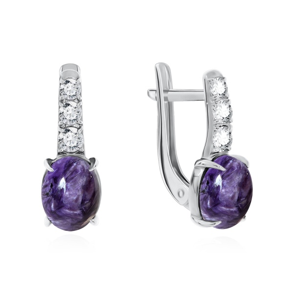 Серьги из серебра с чароитами и фианитами 2340460364 от KRASNOE, металл Серебро, вставка Чароит