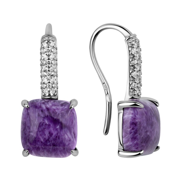 Серьги из серебра с чароитами и фианитами в ювелирном интернет-магазине