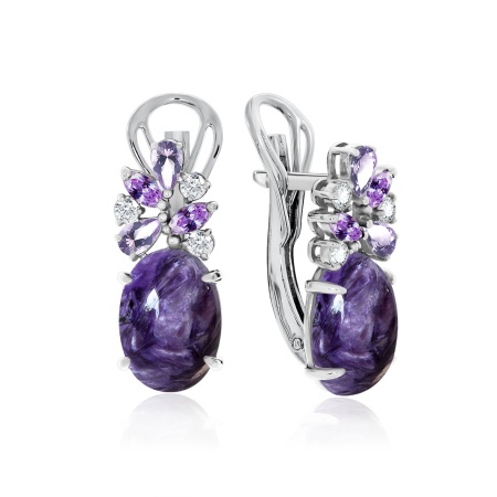 Серьги из серебра с чароитами и фианитами